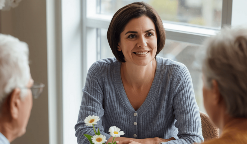Decoratieve afbeelding vrouw in gesprek met ouder echtpaar