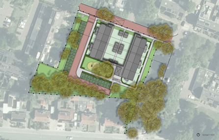 Impressie van de 18 woningen bestaande uit twee parallelle woonblokken (9 benedenwoningen, 9 bovenwoningen)